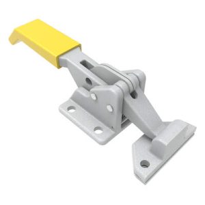 Compression Latch, Over-Center Lever Latch, Pad Lockable, Yellow Vinyl Grip, 10-32 Tapped Mounting Holes, Malleable Iron, Zinc Immersion Coating