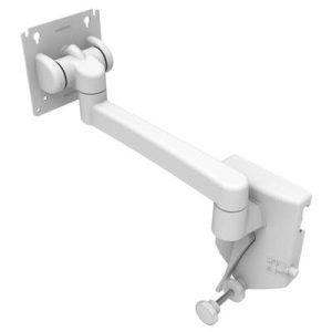 Monitor Mount, Tilt & Swivel, Single Arm, With VESA Mounting Plate, Rail Mount, Aluminum Alloy, Powder Coat, White - Image 1