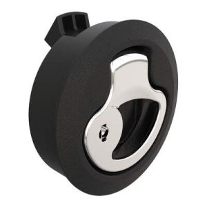 Push-to-Close Latch, Medium Size, Key Locking, 7 - 12 mm (.275-.475 in) Door thickness, 25.5 mm (1.00 in) Grip, Black Plastic and 316 Stainless Steel, Natural and Electropolished - Image 1