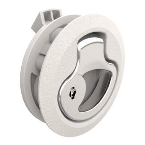 Push-to-Close Latch, Medium Size, Key Locking, 12 - 17 mm (.475-.675 in) Door thickness, 25.5 mm (1.00 in) Grip, Beige Plastic and 316 Stainless Steel, Natural and Electropolished - Image 1