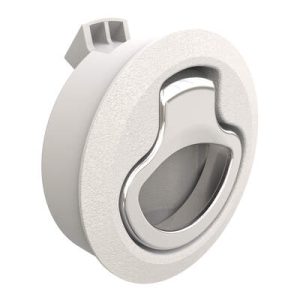 Push-to-Close Latch, Medium Size, No Restriction, 2 - 7 mm (.075-.275 in) Door thickness, 25.5 mm (1.00 in) Grip, Beige Plastic and 316 Stainless Steel, Natural and Electropolished