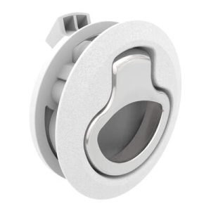 Push-to-Close Latch, Medium Size, No Restriction, 12 - 17 mm (.475-.675 in) Door thickness, 25.5 mm (1.00 in) Grip, White Plastic and 316 Stainless Steel, Natural and Electropolished - Image 1