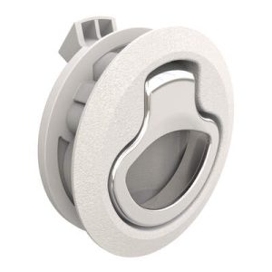 Push-to-Close Latch, Medium Size, No Restriction, 12 - 17 mm (.475-.675 in) Door thickness, 25.5 mm (1.00 in) Grip, Beige Plastic and 316 Stainless Steel, Natural and Electropolished